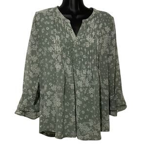 Charter Club Womens Blouse Size PL Petite Large Pintuck Floral Green 3/4 Sleeves